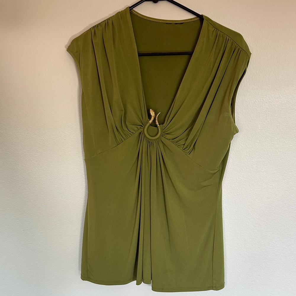 Sleeveless Olive Green V-Neck Tank with Ring Accent